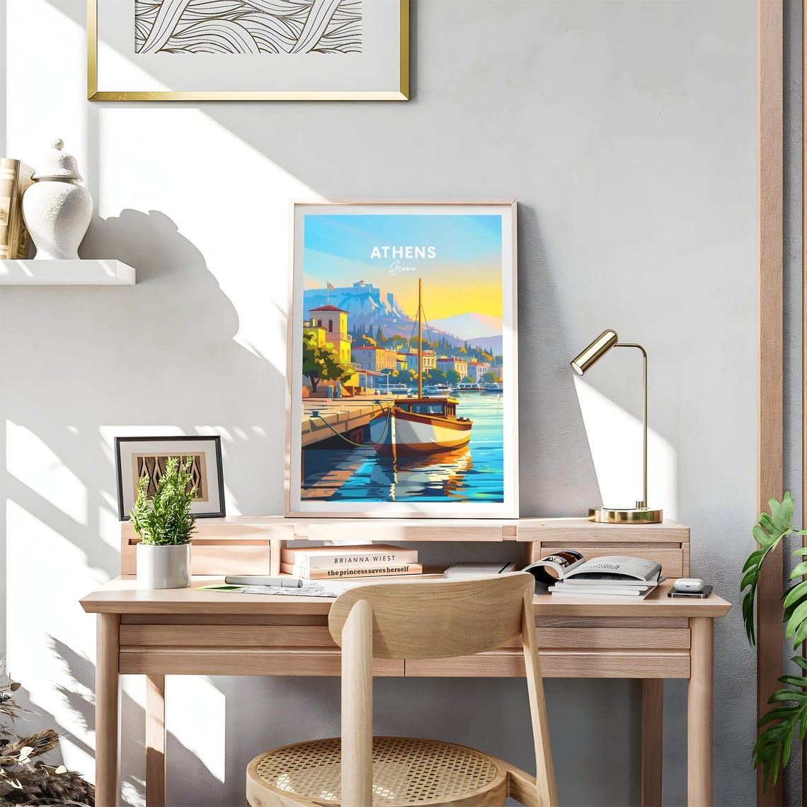 Athens Harbor Fishing Boat Acropolis Sunset Greece Travel Poster - Image 4