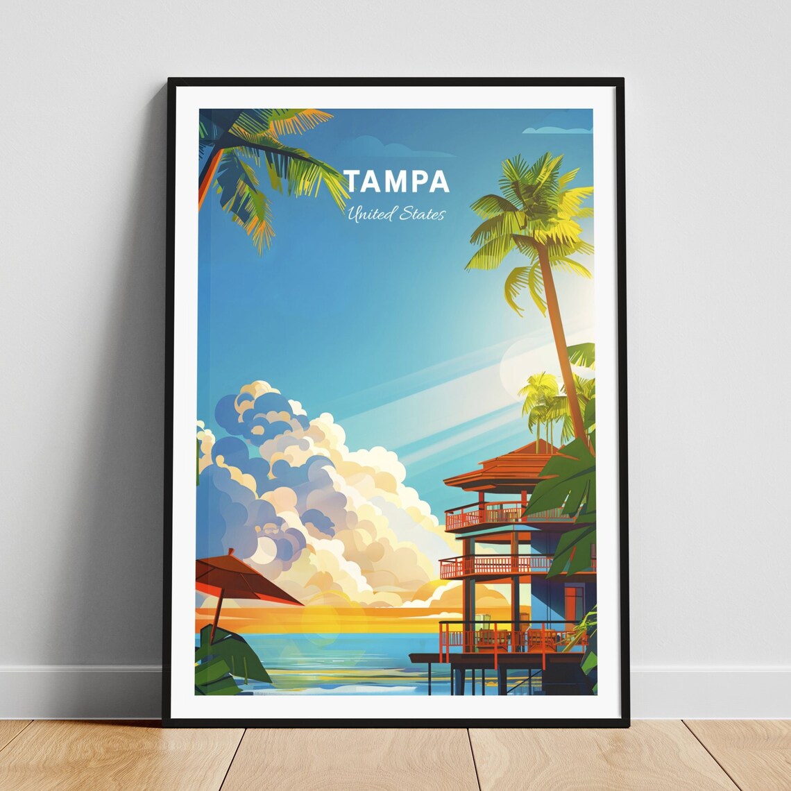 Tampa Florida Beach House Tropical Sunset Palm Trees Travel Poster