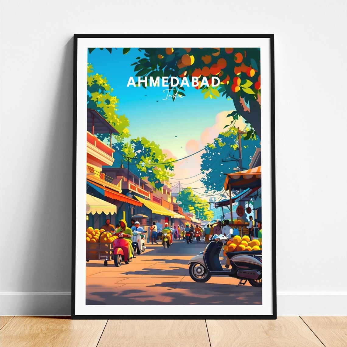 Ahmedabad India Bustling Market Street Scooters Travel Poster