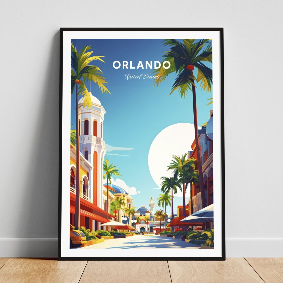 Orlando Palm Lined Resort Street Bell Tower Vintage Travel Poster