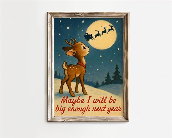 Baby Reindeer Watching Santa Sleigh Under Moon Vintage Christmas Poster