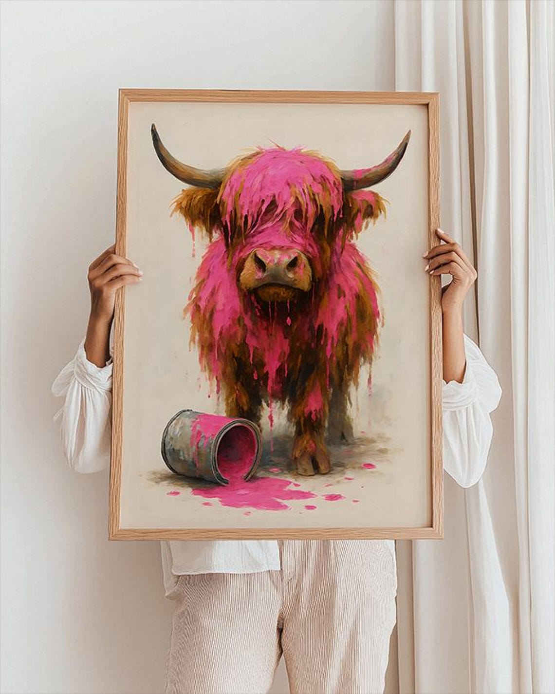 Funny Pink Highland Cow Covered in Paint Poster Modern Decor