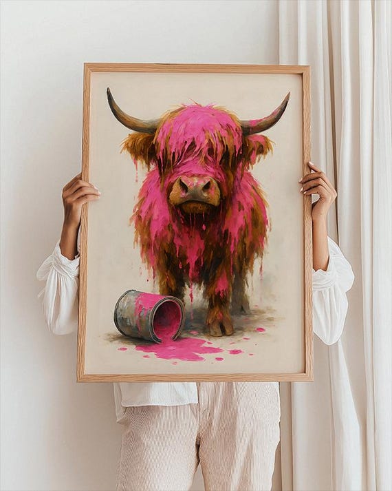 Funny Pink Highland Cow Print Colourful Wall Art Poster