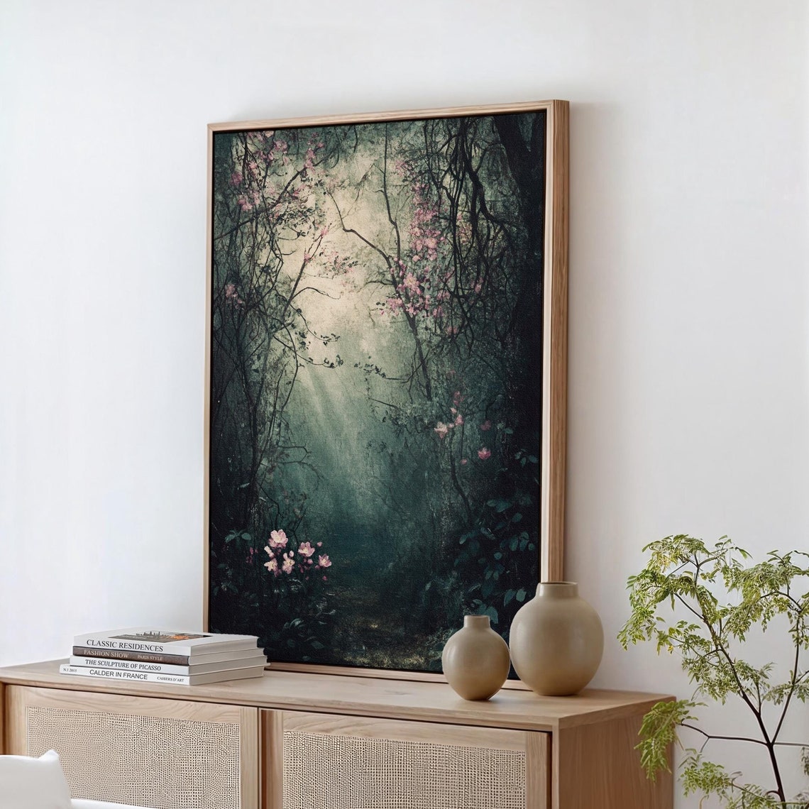 Enchanted Dark Forest Path With Pink Blossoms Mystical Green Wall Art
