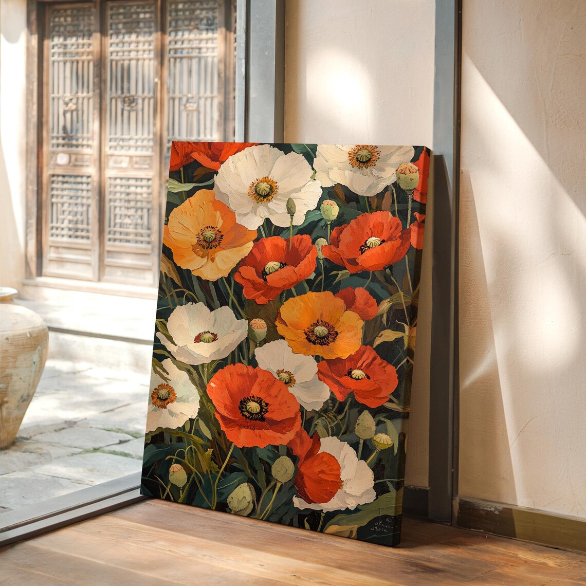 Vibrant Poppies Textured Floral Painting Red White Orange Poster
