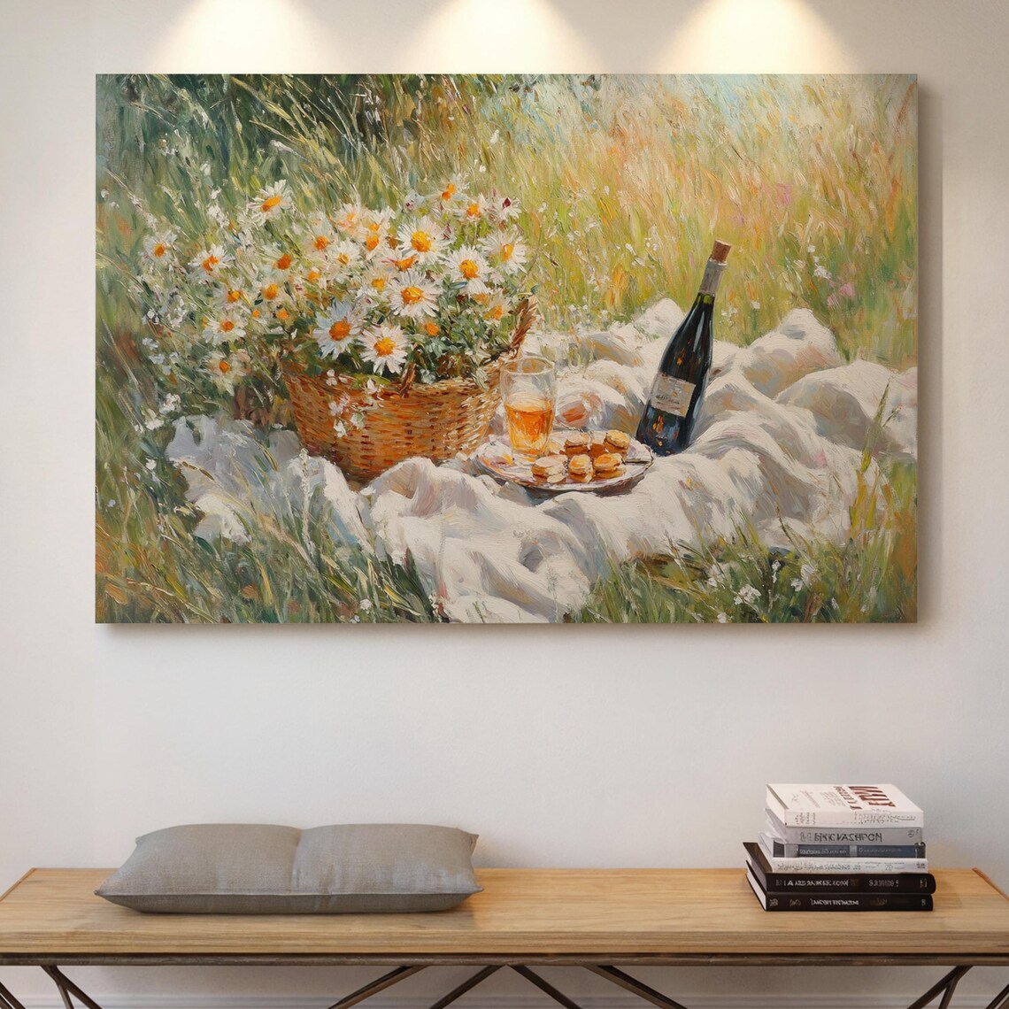 Sunlit Meadow Picnic Basket Of Daisies Wine And Cookies Wall Art