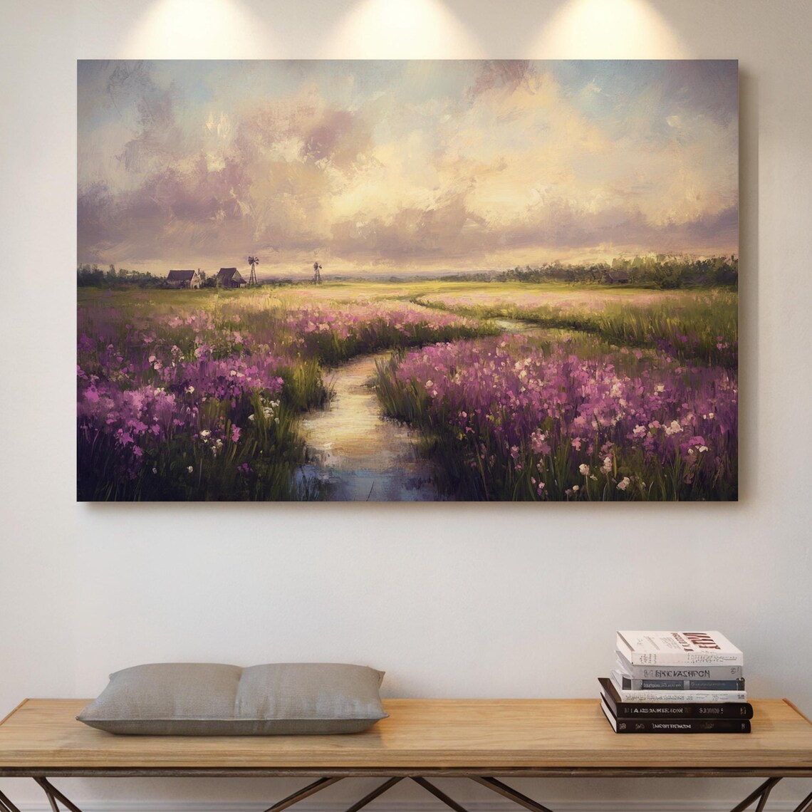 Purple Wildflower Meadow With Stream At Sunset Painting Poster