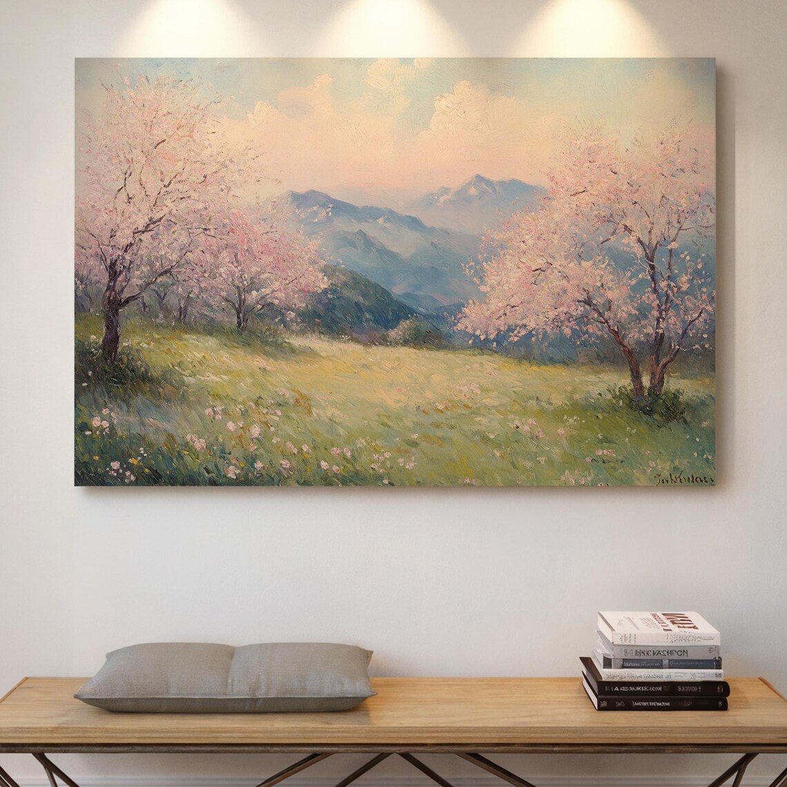 Spring Blossom Meadow Landscape, Serene Nature Art Print