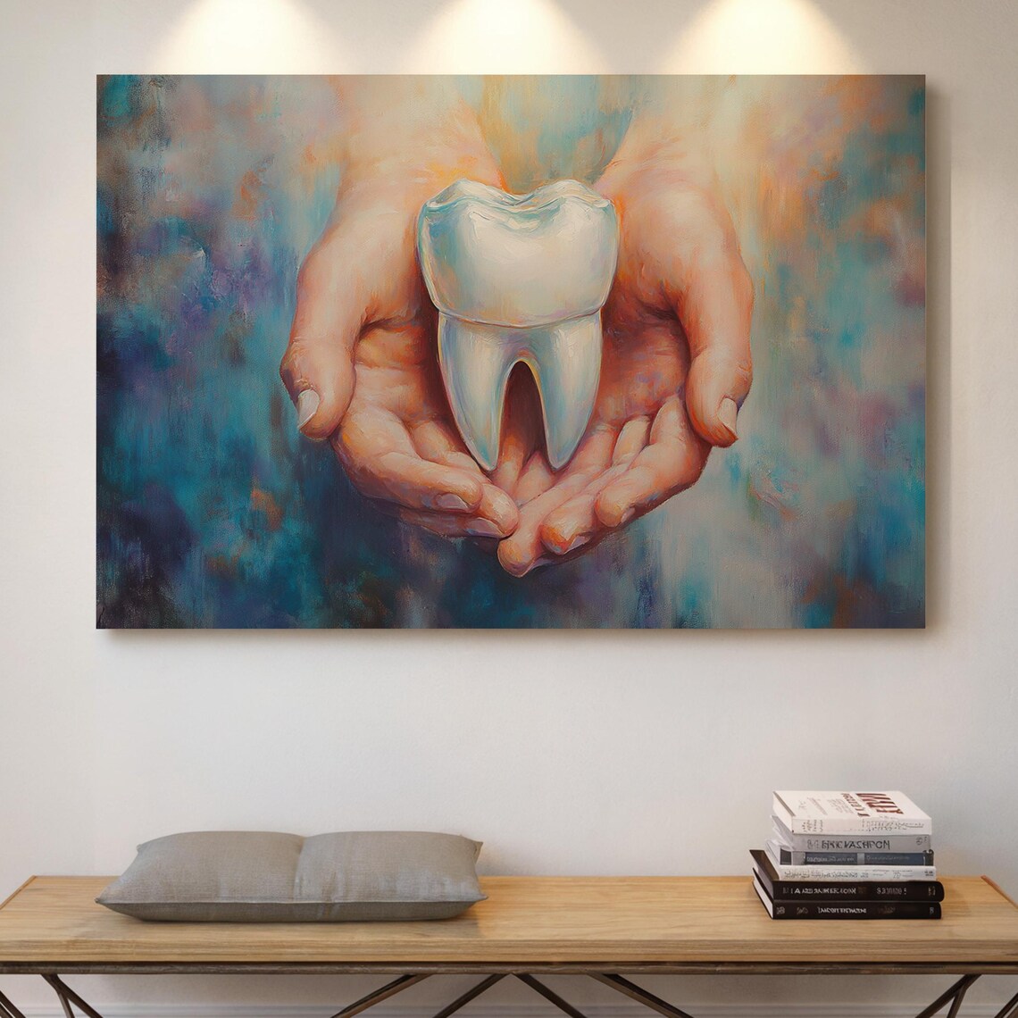 Hands Holding Healthy Tooth Dental Care Art Blue Background Poster
