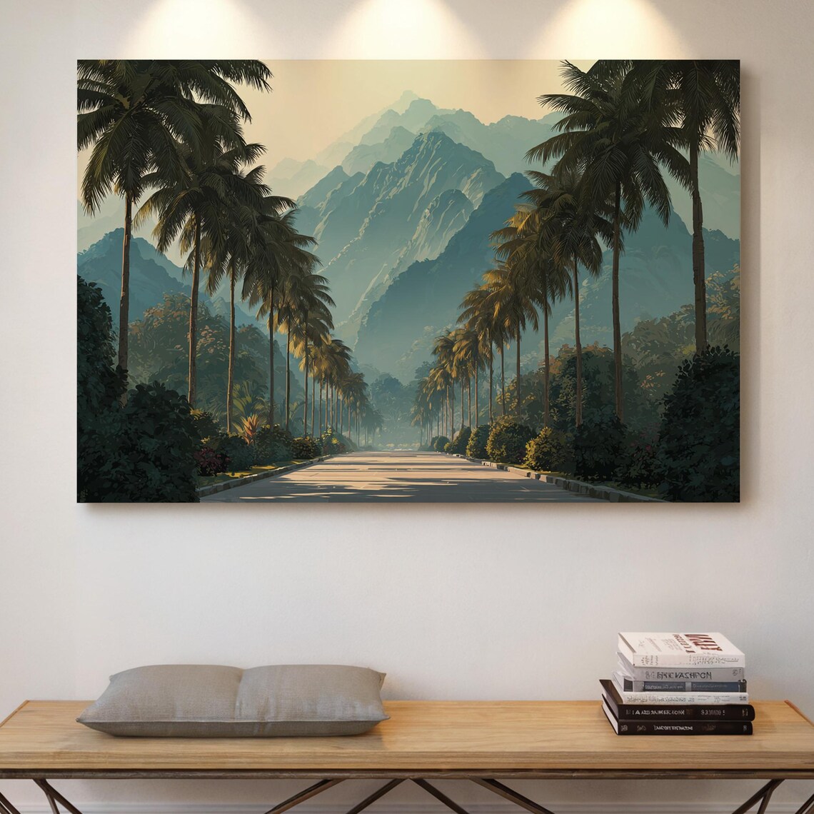 Palm Tree Avenue With Misty Blue Mountains Tropical Art Poster