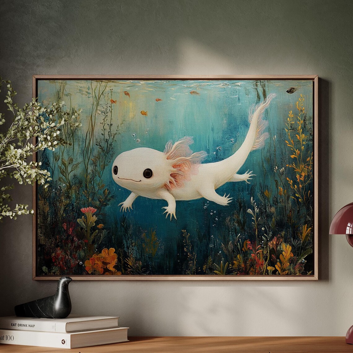 Adorable Axolotl Underwater Seaweed Garden Cute Ocean Wall Art Poster
