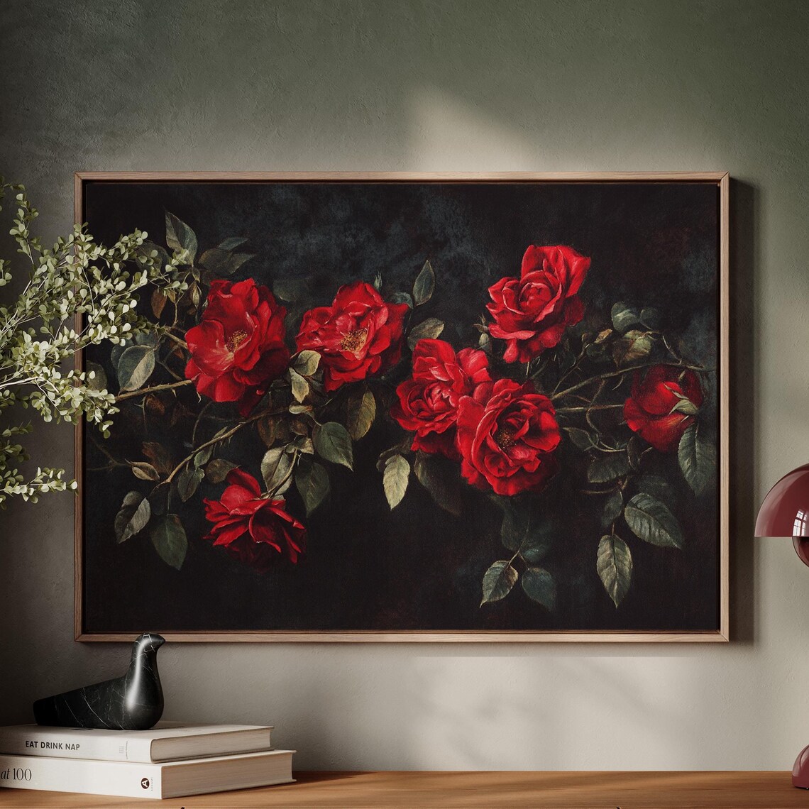 Elegant Red Roses Floral Painting, Modern Decor