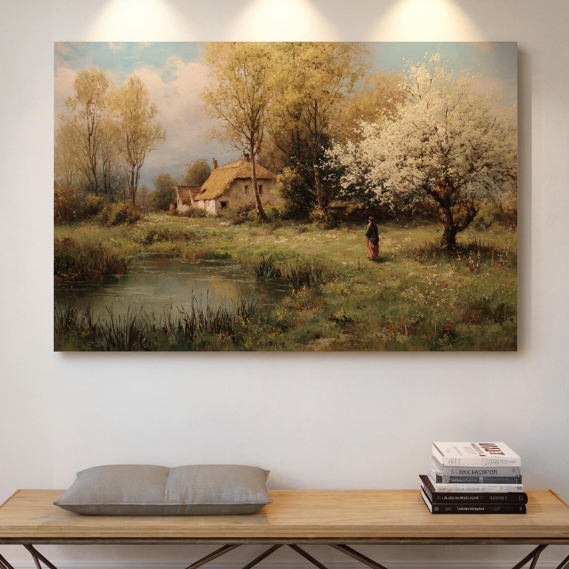 Thatched Cottage By The Pond Spring Countryside Oil Painting Poster