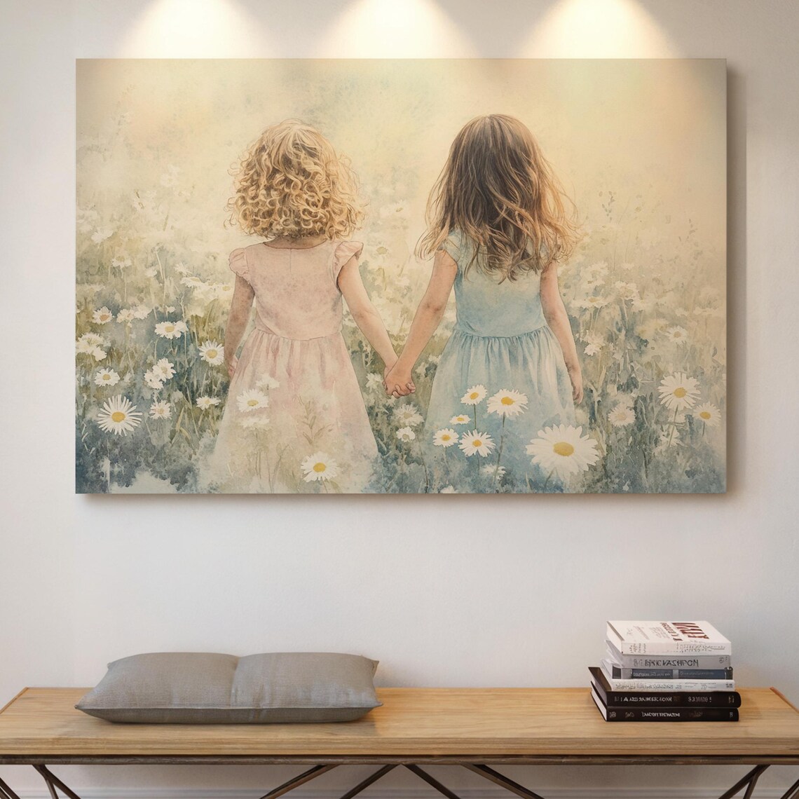Whimsical Watercolor Girls Holding Hands, Daisy Field