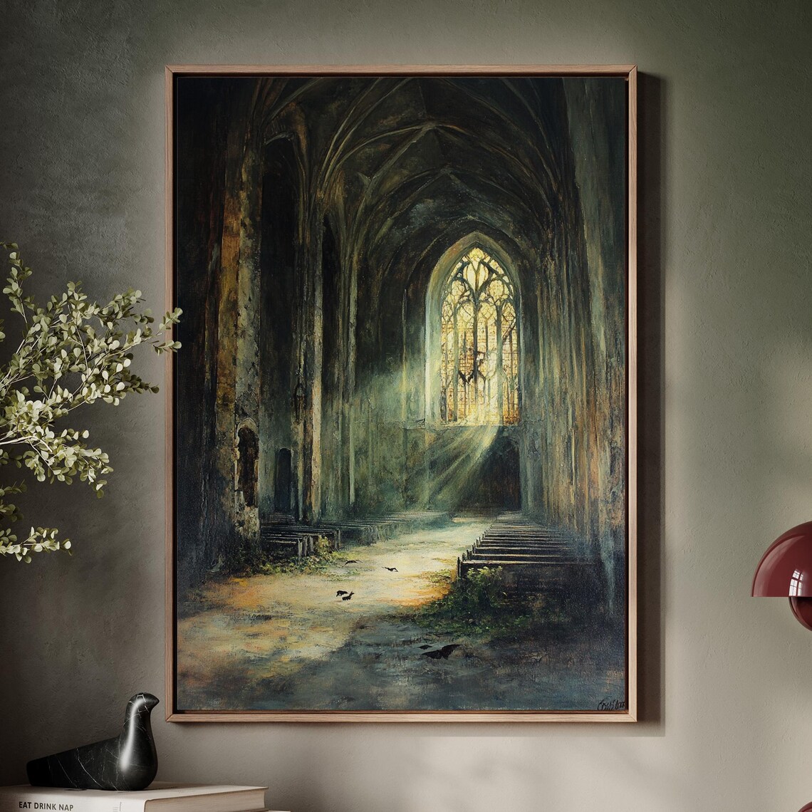 Gothic Cathedral Ruins Sunlit Stained Glass Vintage Dark Art Poster