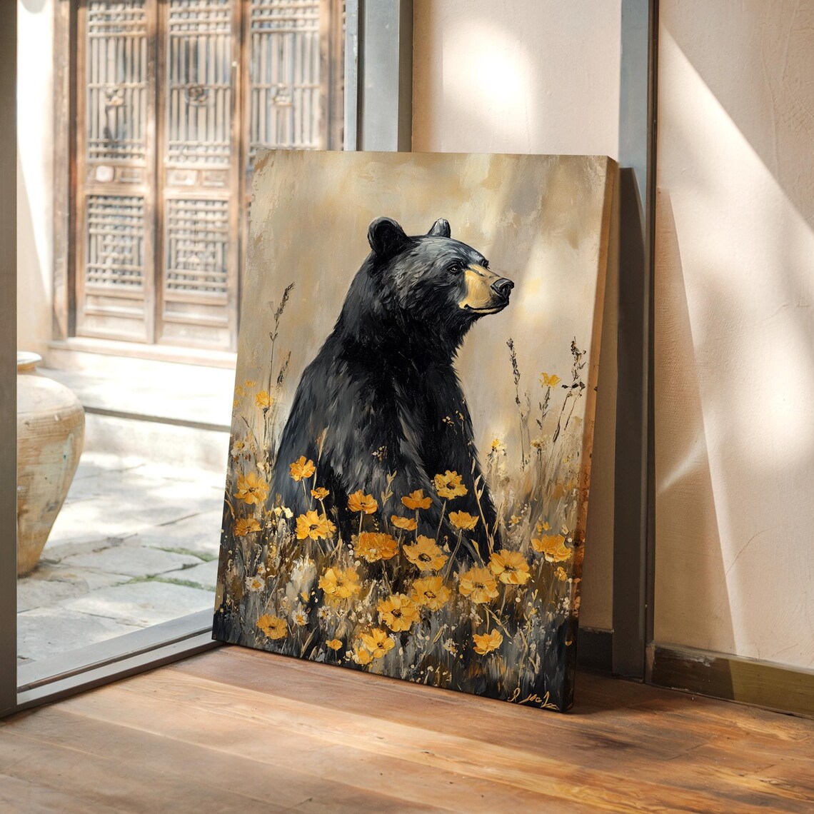 Black Bear With Golden Wildflowers Art Print