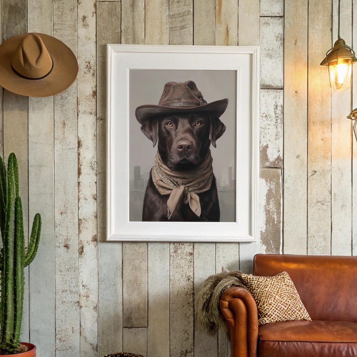 Cowboy Labrador Dog Portrait Western Hat and Bandana Wall Art