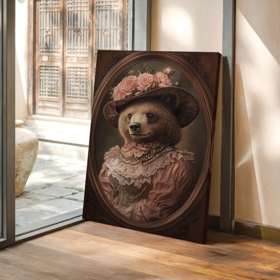 Victorian Bear Lady Portrait Floral Hat Pearls Pink Dress Whimsical Animal Poster