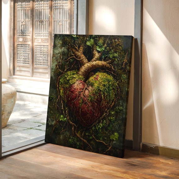 Enchanted Tree Heart Oil Painting Nature Fantasy Wall Art Surreal Forest Decor With Roots And Vines Whimsical Home Design