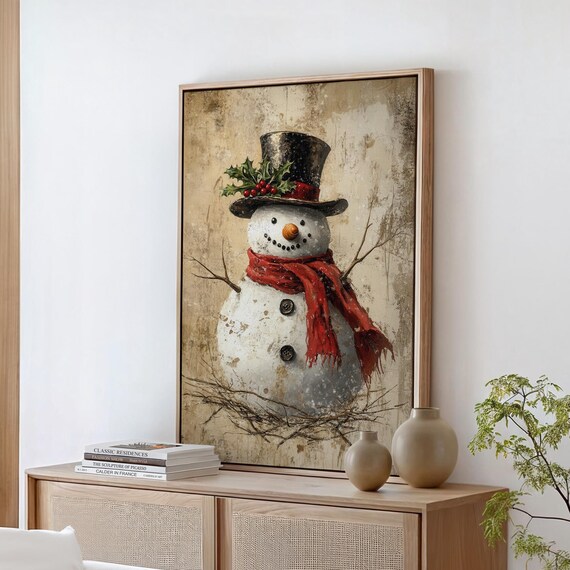 Vintage Snowman Farmhouse Christmas Wall Art Print