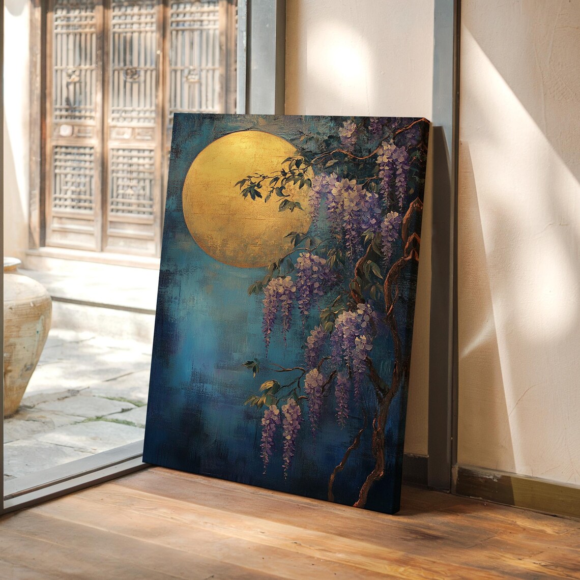 Tranquil Golden Moon Wisteria Vine Purple Blooms Night Garden Poster