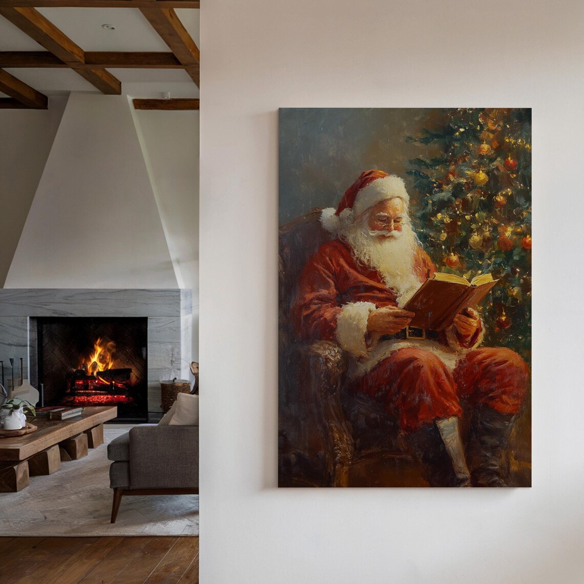 Vintage Santa Claus Reading Book By Christmas Tree Art Poster