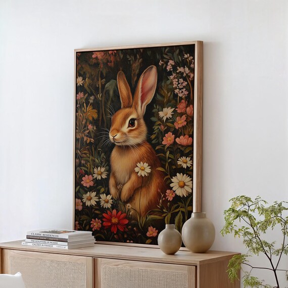 Sweet Rustic Rabbit Among Wildflowers Vintage Woodland Poster