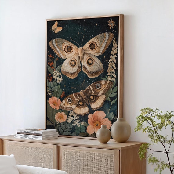 Mystical Moth Wall Art Vintage Botanical Insect Print Celestial Moth And Flowers Dark Nature Aesthetic Cottagecore Decor