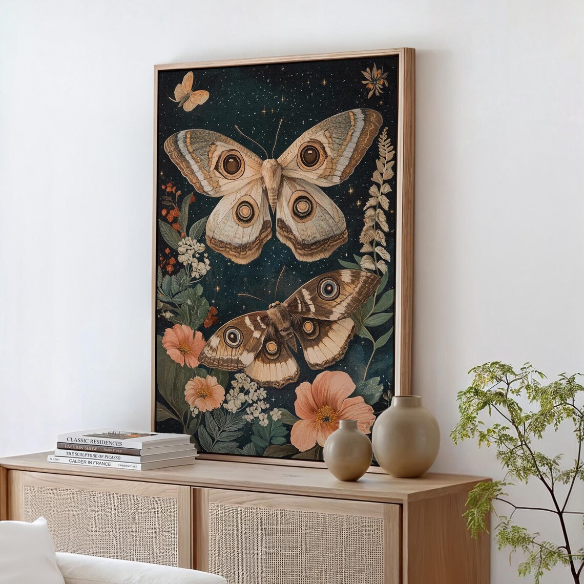 Mystical Eyed Moths And Flowers On Dark Starry Night Botanical Poster