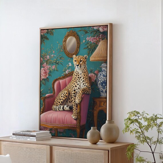 Regal Cheetah On Pink Velvet Armchair Vintage Parlour Poster