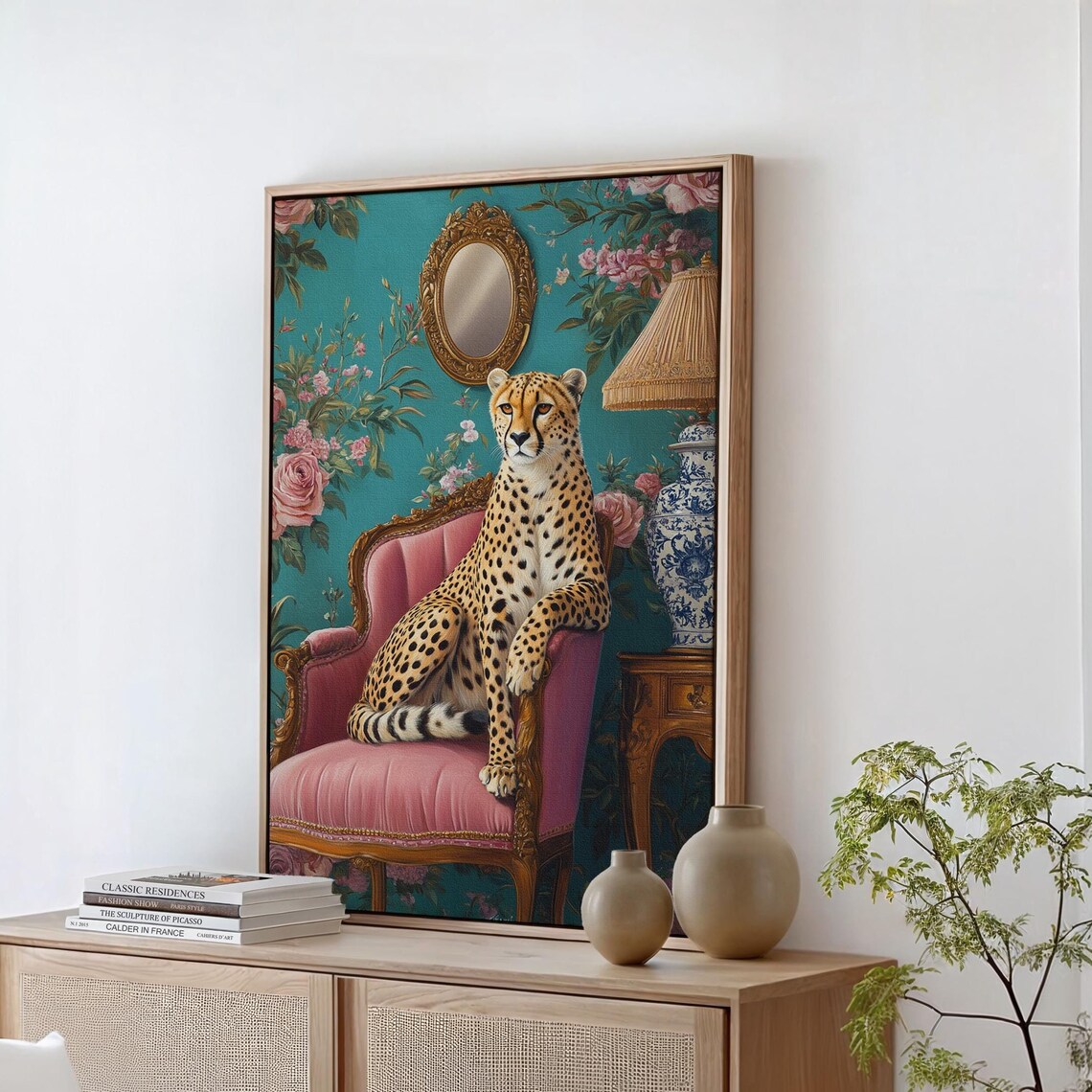 Regal Cheetah On Pink Velvet Armchair Vintage Parlour Poster
