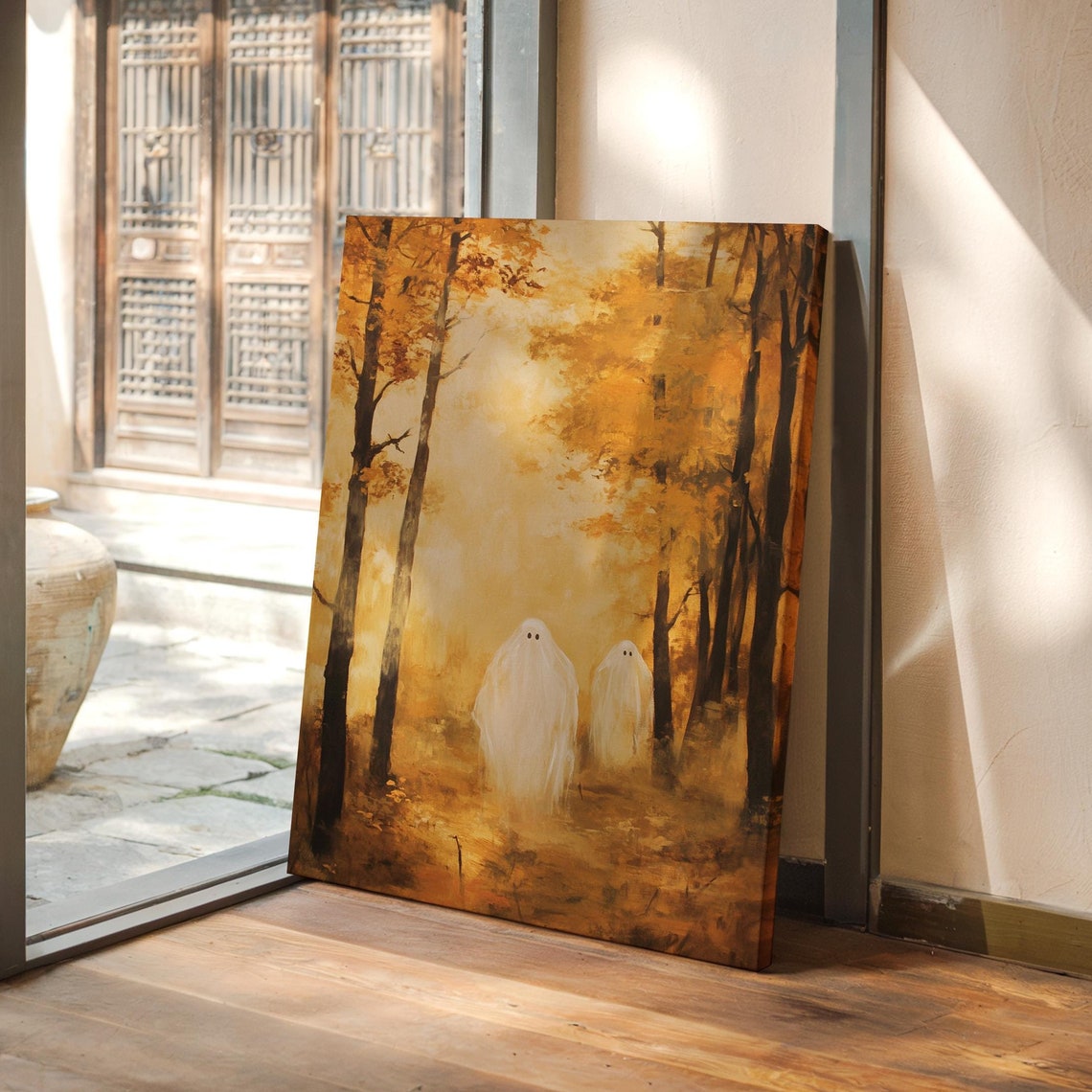 Two Friendly Ghosts Strolling In Misty Golden Autumn Forest Poster