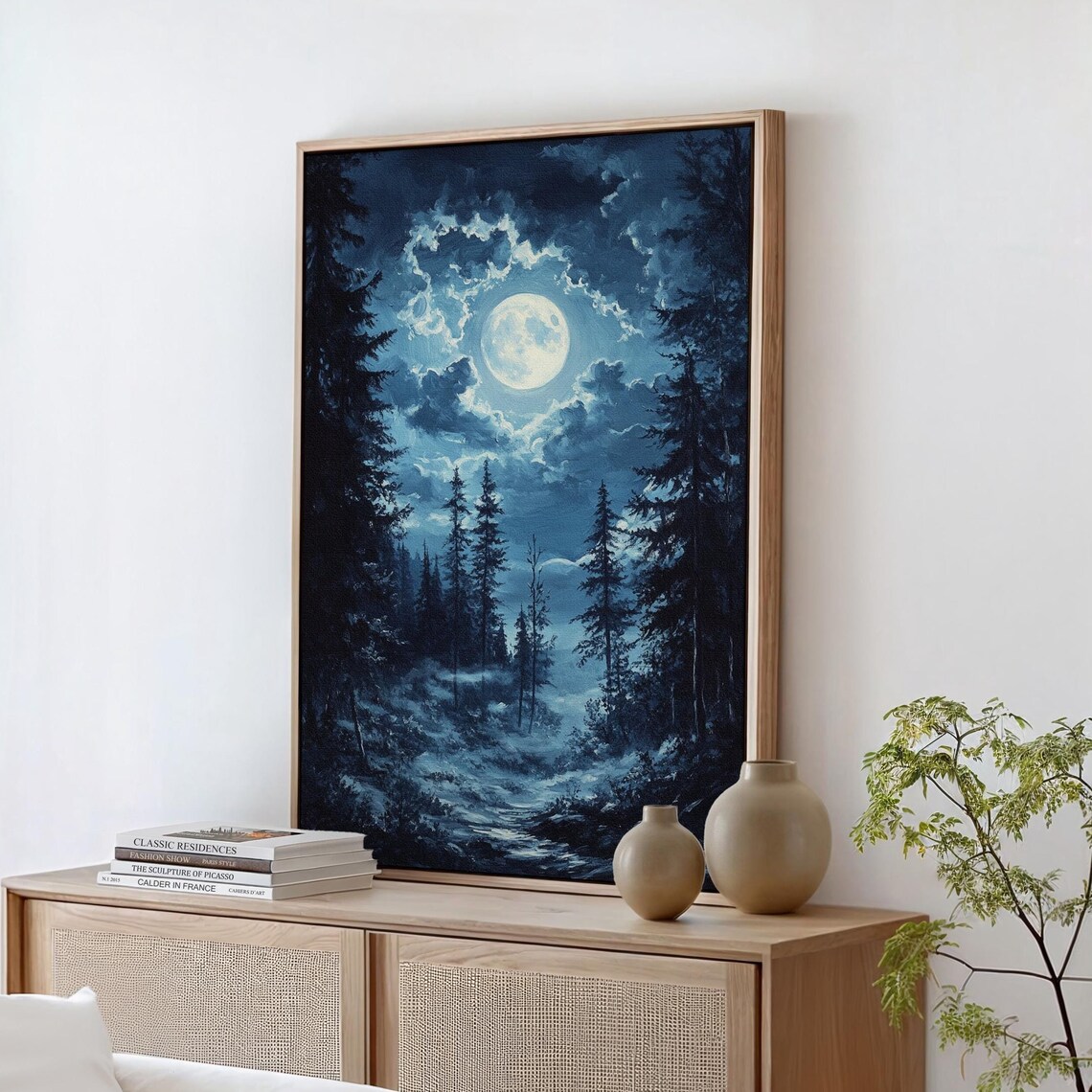 Ethereal Moonlit Forest Mystical Night Landscape With Full Moon Tall Pines And Serene Sky For Unique Wall Art Dcor
