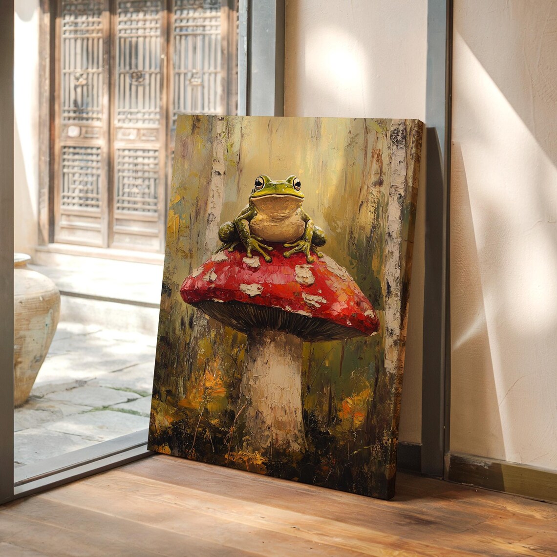 Whimsical Frog on Red Mushroom, Autumn Art Print