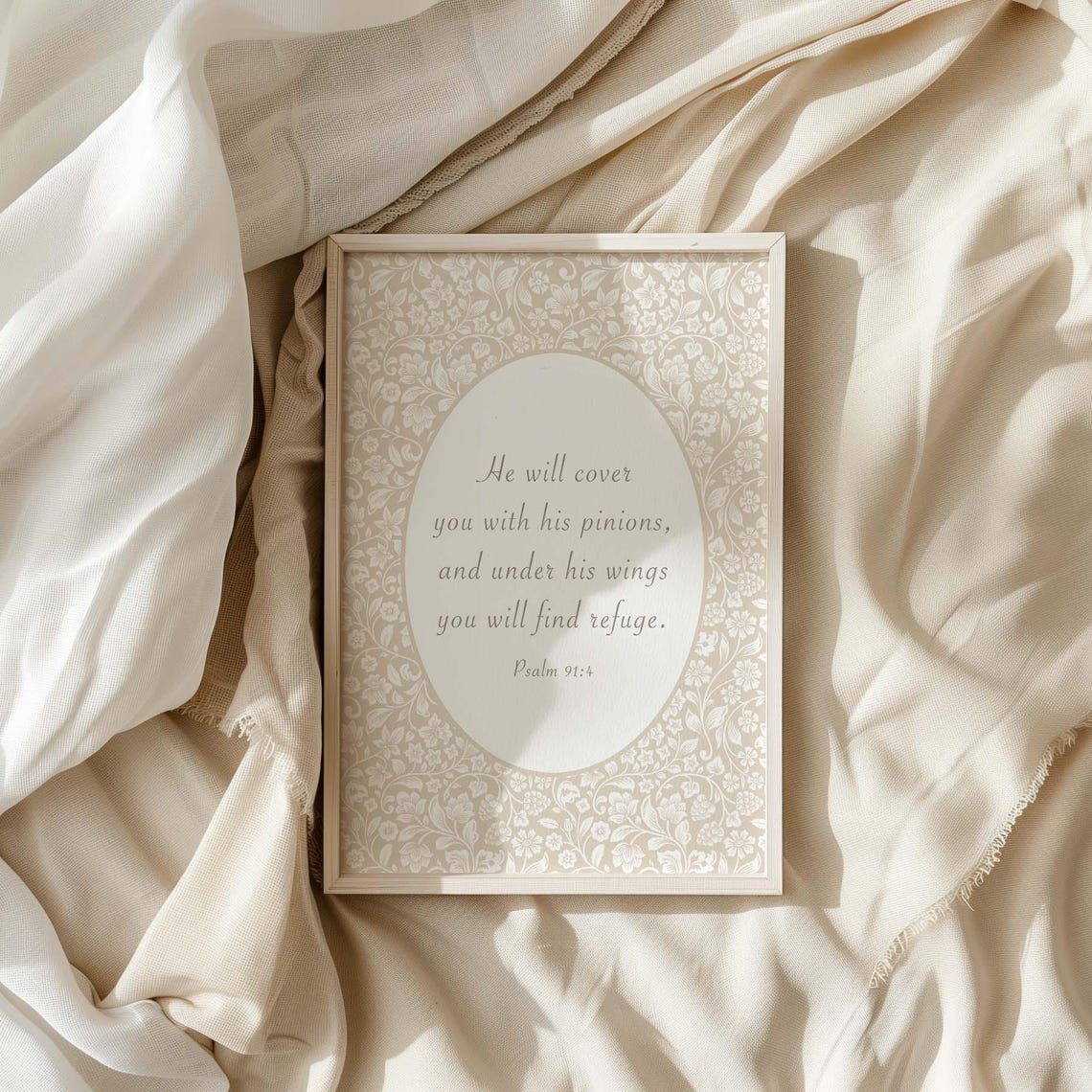Psalm 91:4 Under His Wings Refuge Beige Floral Damask Nursery Poster - Image 3