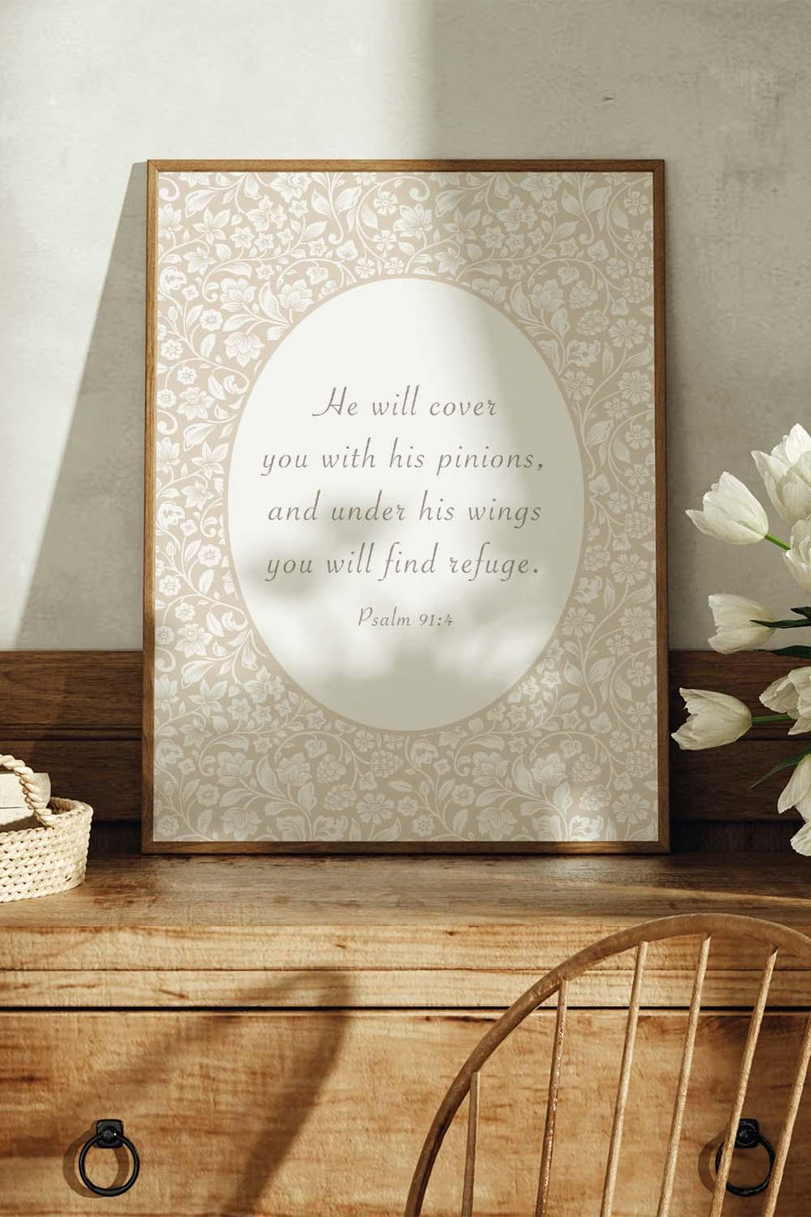 Psalm 91:4 Under His Wings Refuge Beige Floral Damask Nursery Poster - Image 5