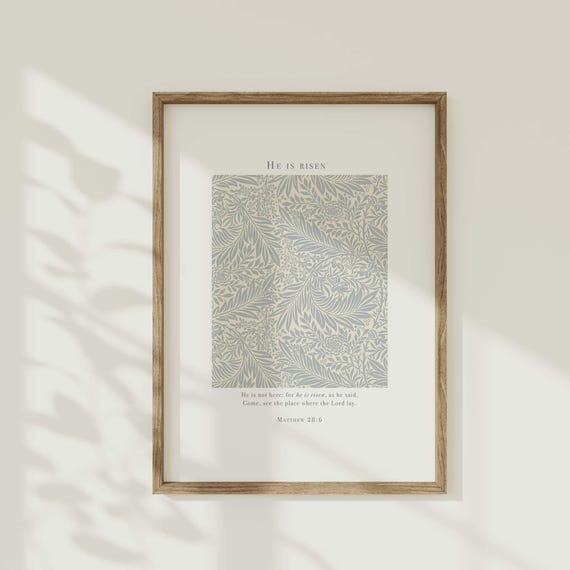 He Is Risen Easter Wall Art Matthew 286 Vintage Christian Easter Home Decor Blue Floral Bible Verse Easter Scripture Poster