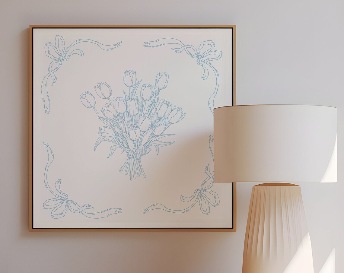 Light Blue Tulip Bouquet Line Art With Ribbon Bows Square Cottage Poster - Image 2