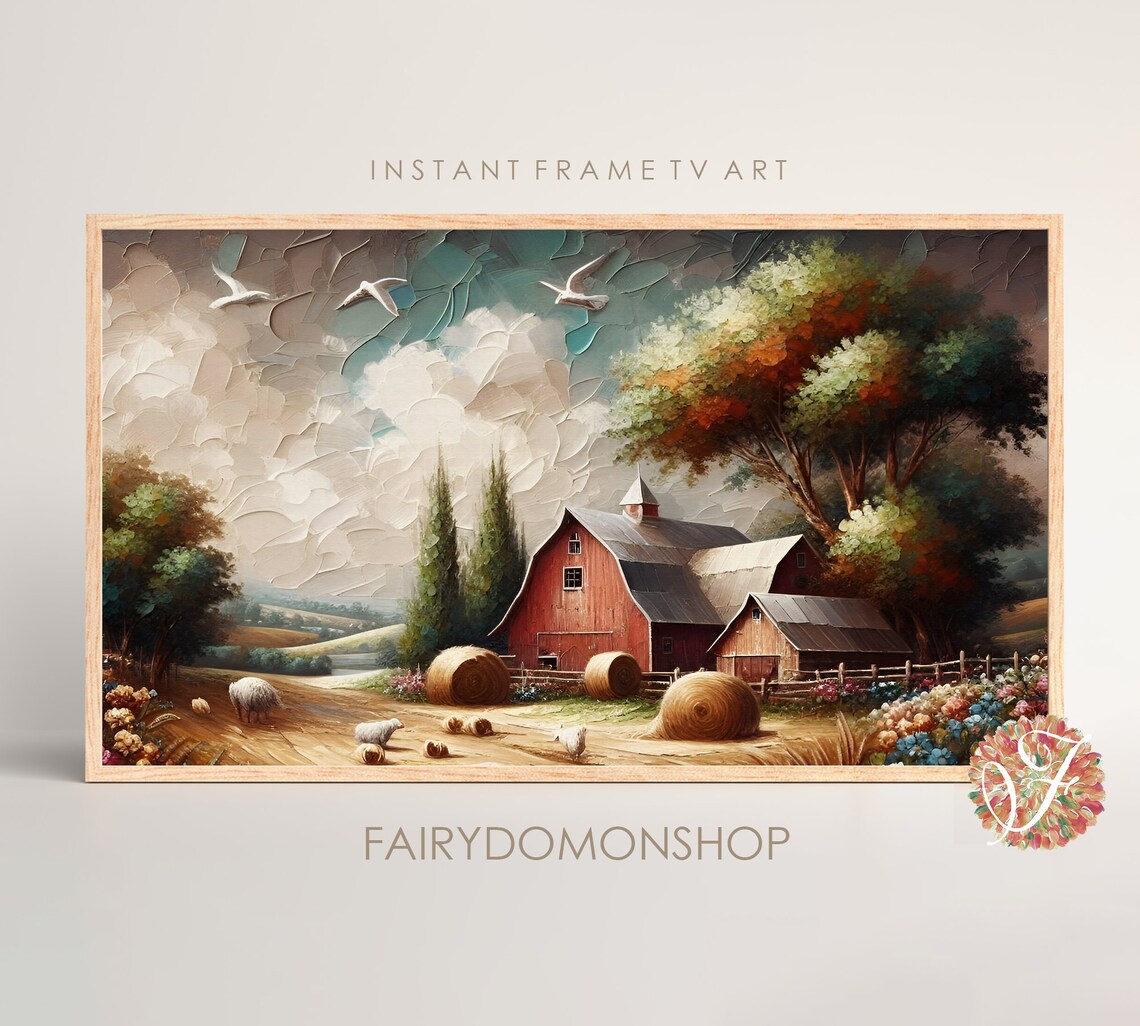 Red Barn Sheep Hay Bales Countryside Farm Oil Painting Poster