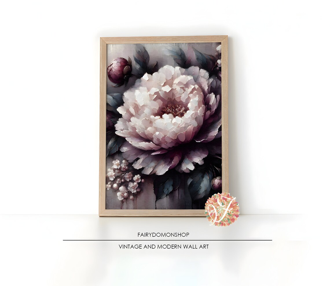 White Peony Bloom Moody Botanical Floral Oil Painting Poster
