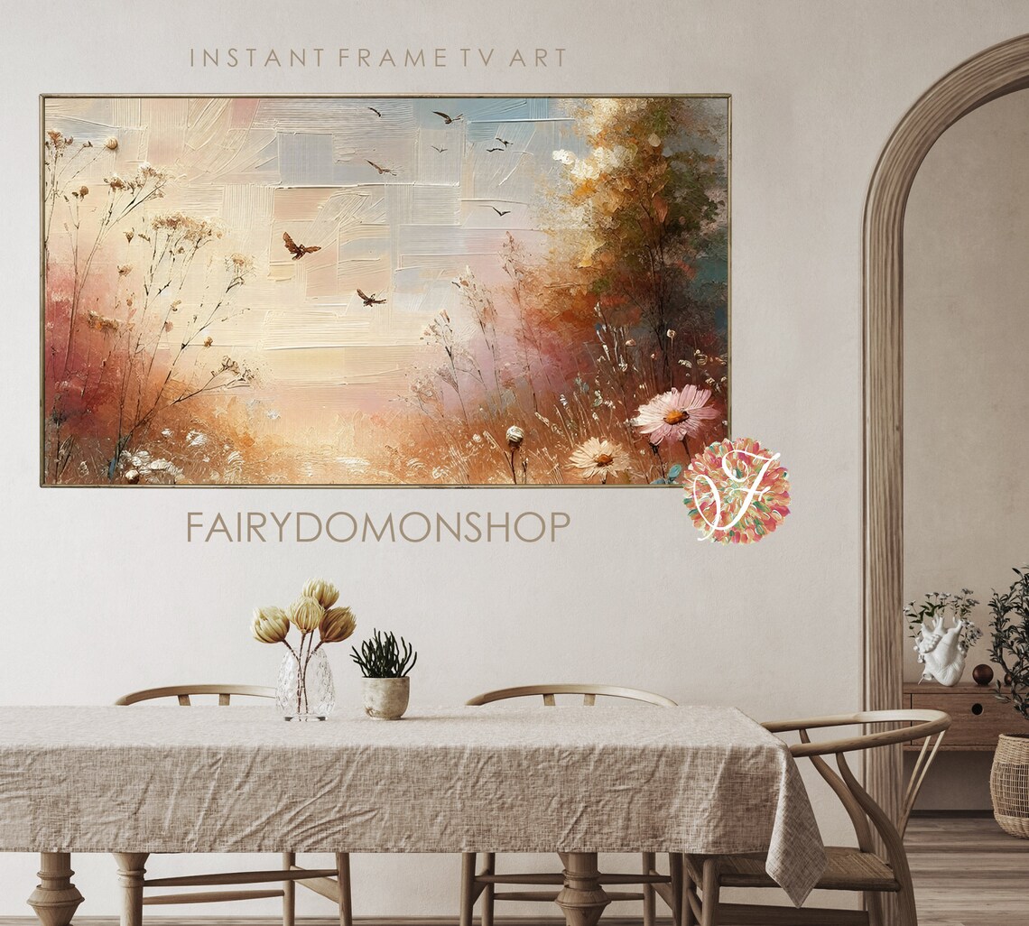Sunset Field Birds Grasses Pink Flowers Abstract Oil Painting Poster - Image 2
