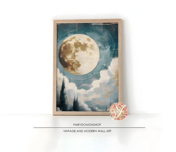 Lunar Celestial Moon Art Print Vintage Night Sky Painting Moon Art Print Moon Oil Painting