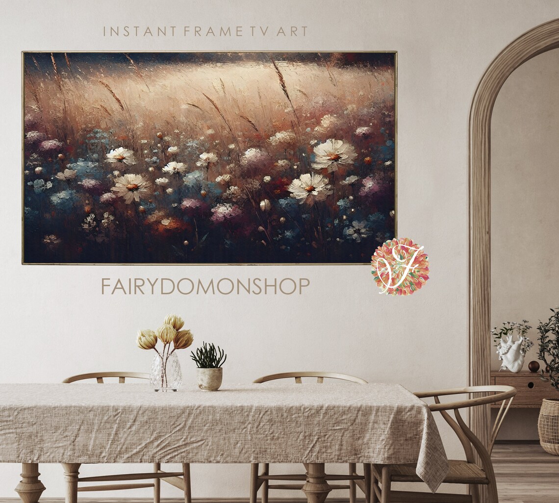 Wildflowers At Dusk Moody Meadow Evening Floral Oil Painting Poster - Image 2