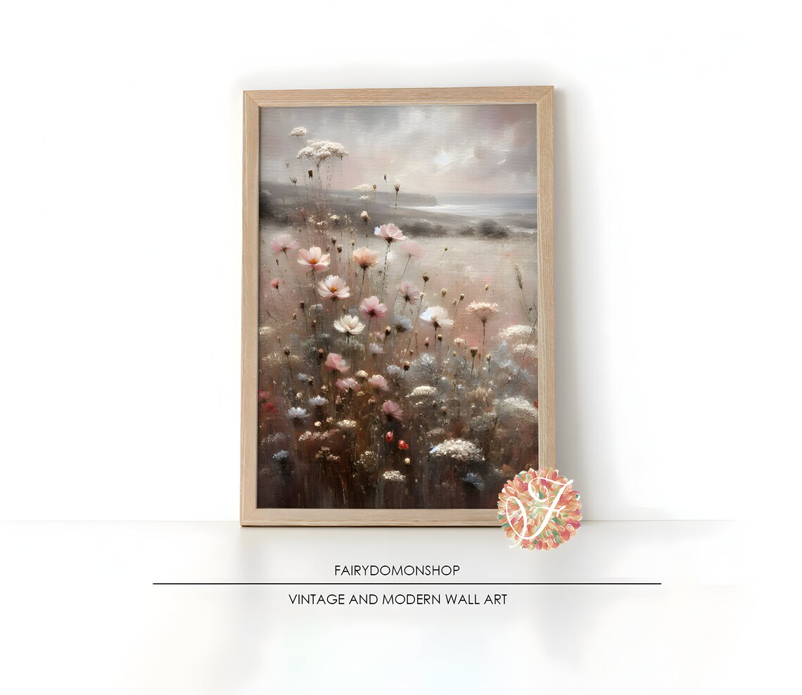 Pink White Wildflowers Misty Meadow Field Oil Painting Poster