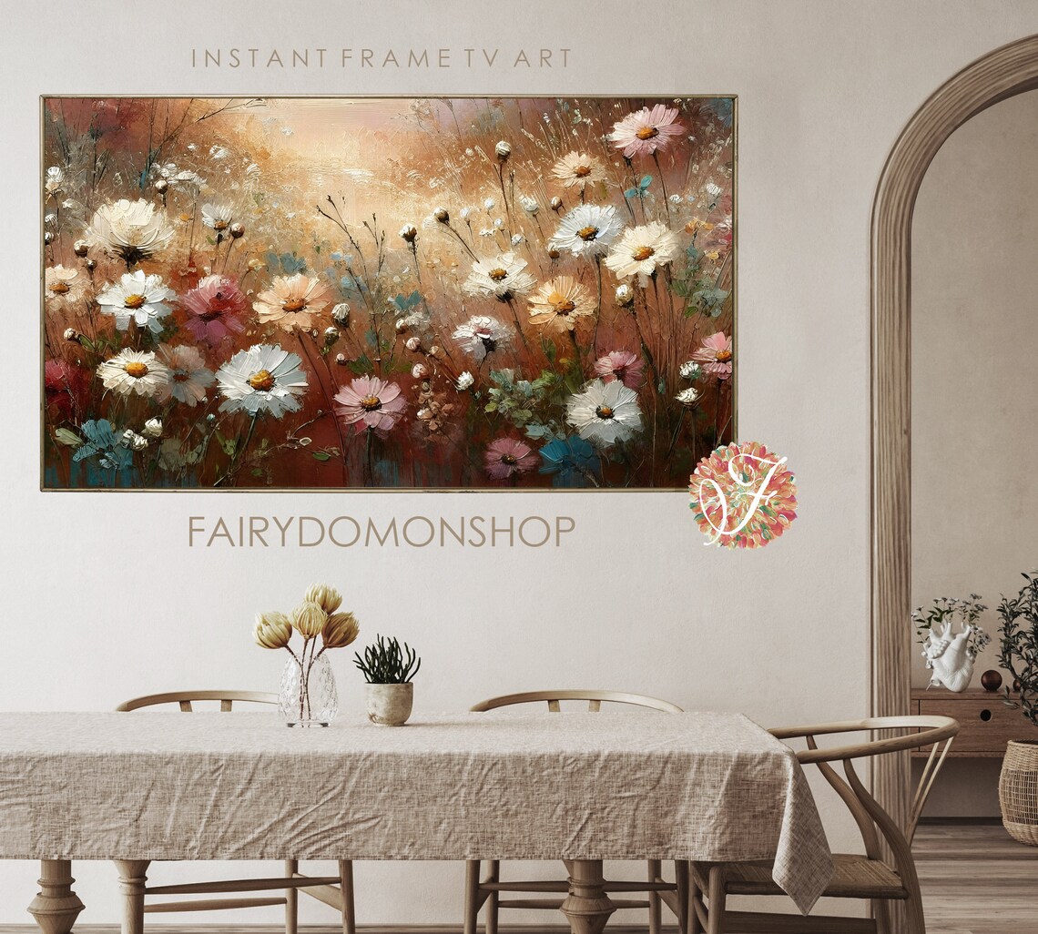 White Daisy Field Warm Golden Light Floral Oil Painting Poster - Image 2