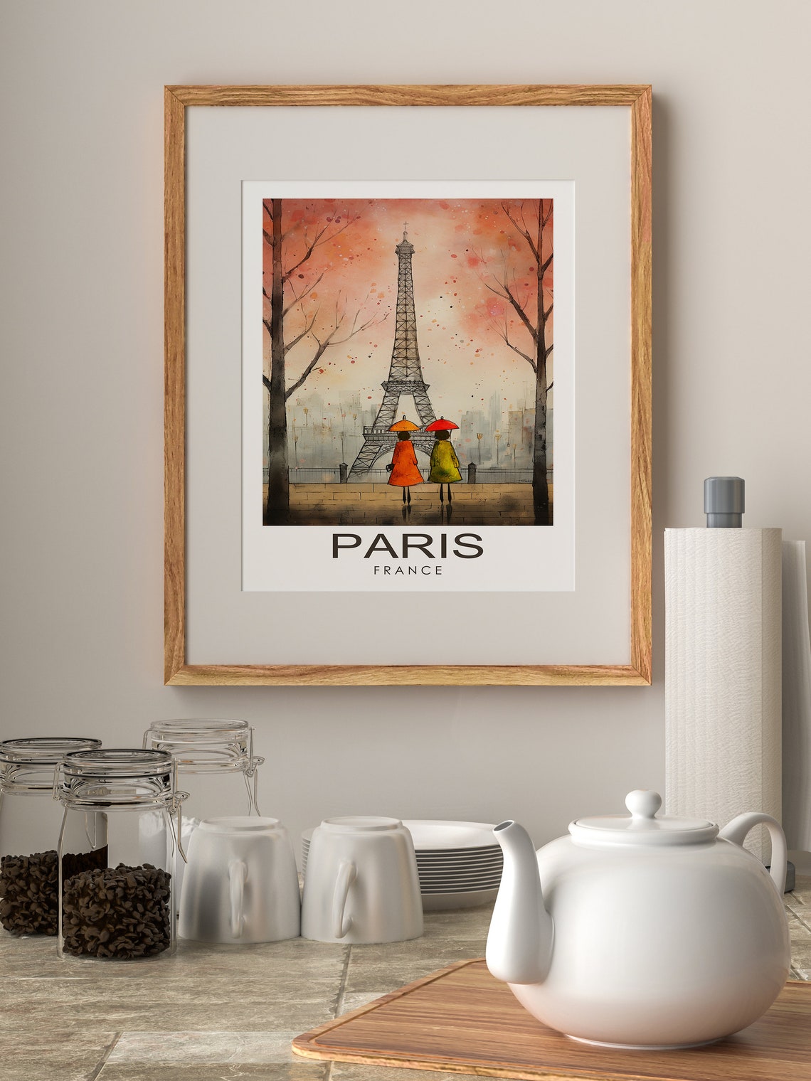 Paris France Eiffel Tower Rainy Watercolor Umbrellas Romantic Poster - Image 3