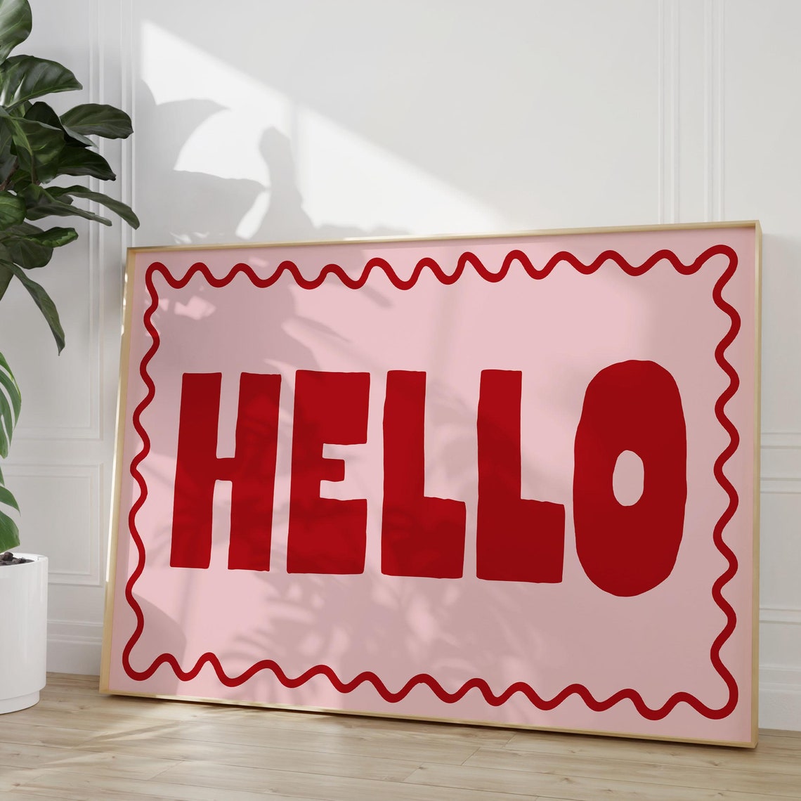Hello Bold Red Lettering Pink Wavy Border Modern Decor Art Print