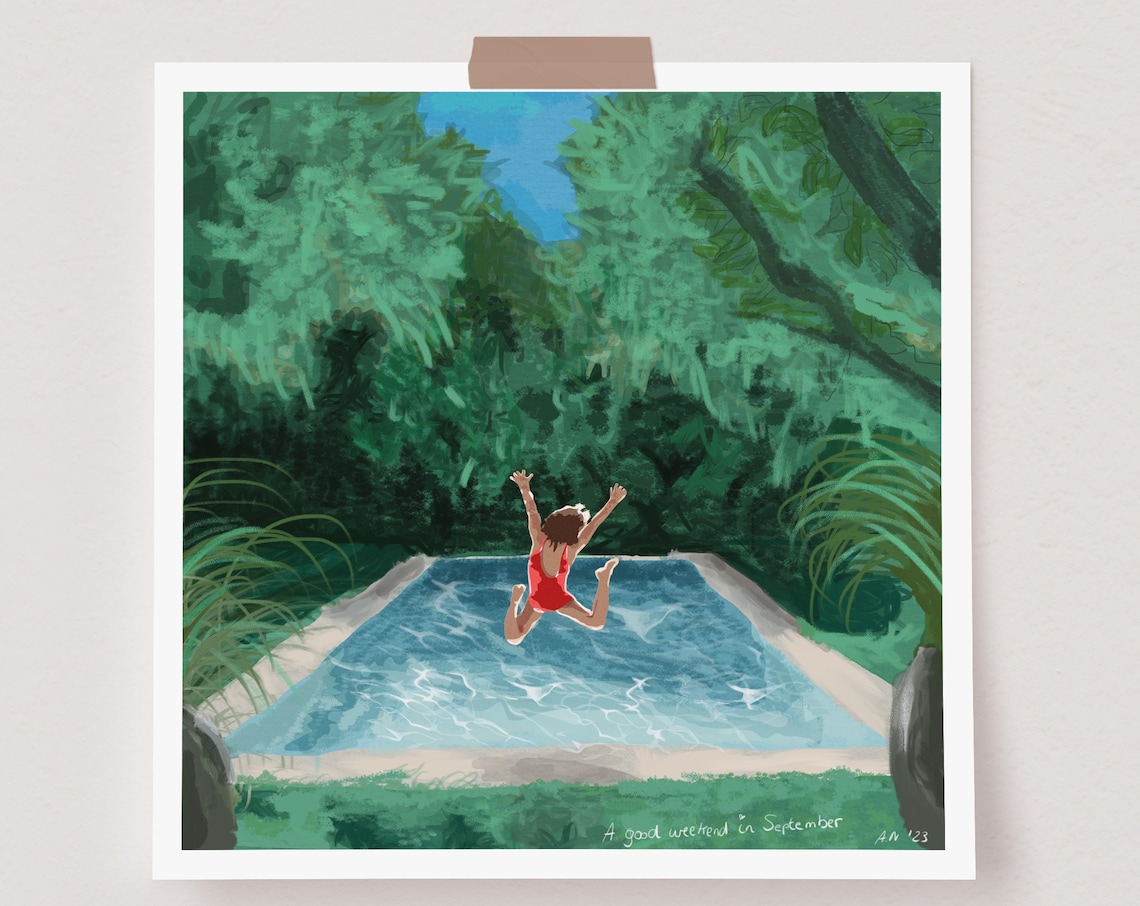 Woman Jumping Into a Jungle Pool on a Summer Weekend Trip Poster