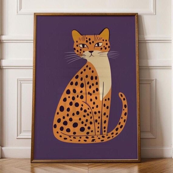 Modern Leopard Cat Wall Art Print Minimalist Big Poster Spotted For Office In Pop Style