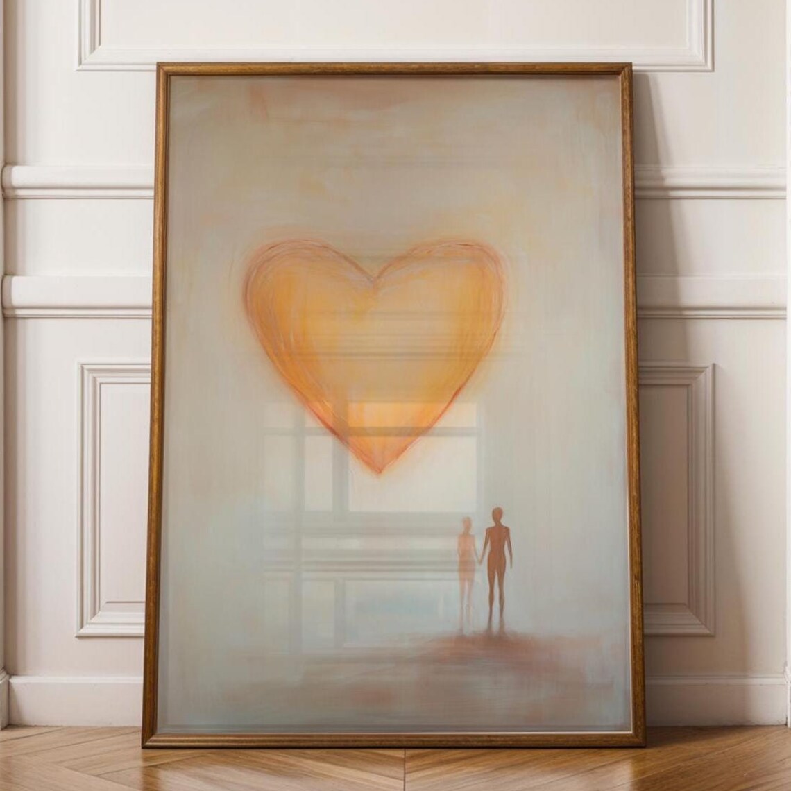 Glowing Orange Heart Above Two Figures Minimal Watercolor Love Poster